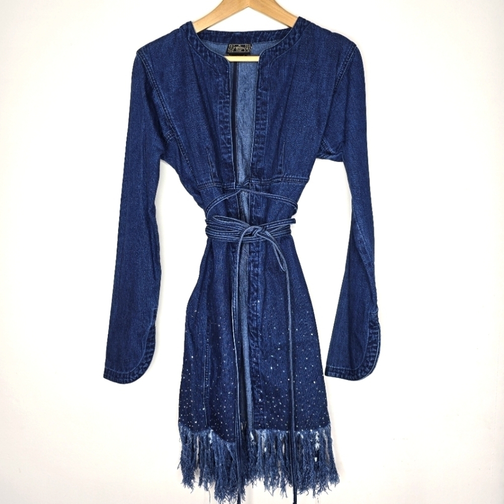 Fendi Diamonte Vintage Blue Denim Long-Sleeve Coat with Fringe - Picture 2 of 16